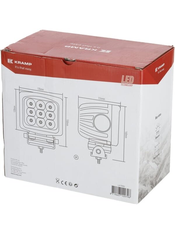 Darbinis LED žibintas, 90W, 8100lm, kvadratinis, 10/30V, 150x124x135mm, prožektorius, 9 LED, Kramp 1