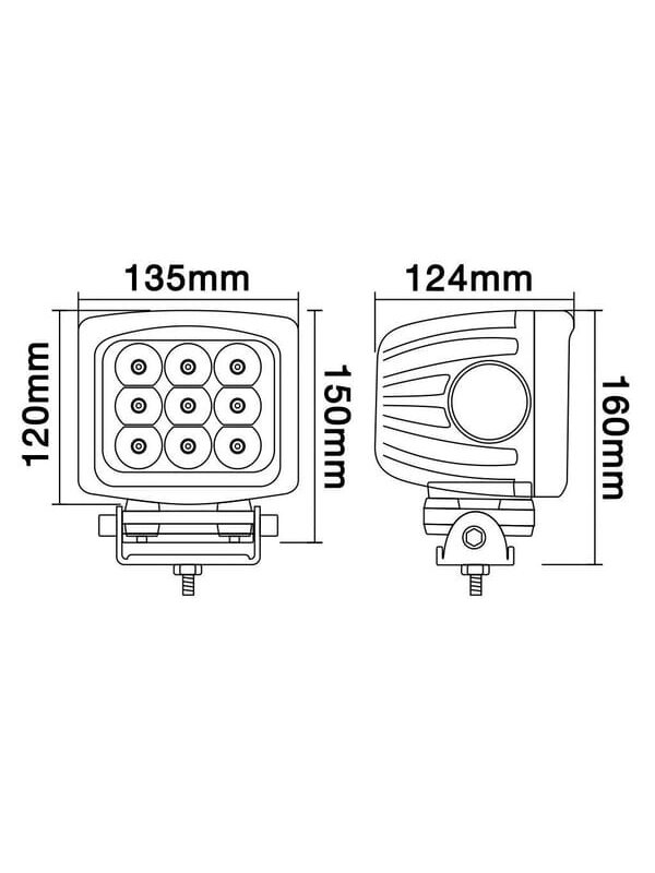Darbinis LED žibintas, 90W, 8100lm, kvadratinis, 10/30V, 150x124x135mm, prožektorius, 9 LED, Kramp 10 Darbinis LED žibintas, 90W, 8100lm, kvadratinis, 10/30V, 150x124x135mm, prožektorius, 9 LED, Kramp 10