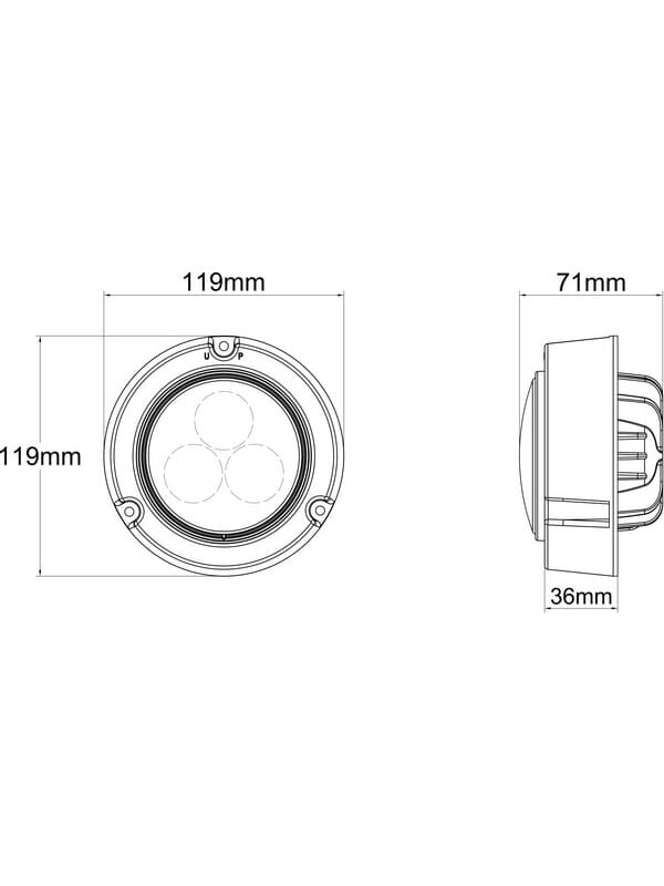 Darbo šviesos diodas LED, 36W, 4000lm, apvalus, 10-30V, Ø 119mm, AMP 2 kontaktų, plataus spindulio, 3 LED, Kramp 10