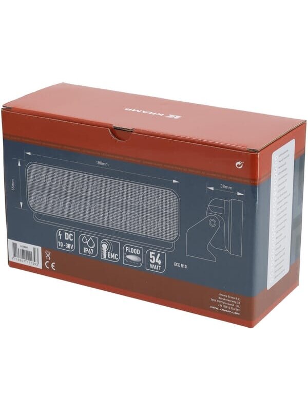 Darbo žibintas LED, 54W, 3960lm, stačiakampė, 10/30V, 180x55x38mm, prožektorius, Kramp 4 Darbo žibintas LED, 54W, 3960lm, stačiakampė, 10/30V, 180x55x38mm, prožektorius, Kramp 4