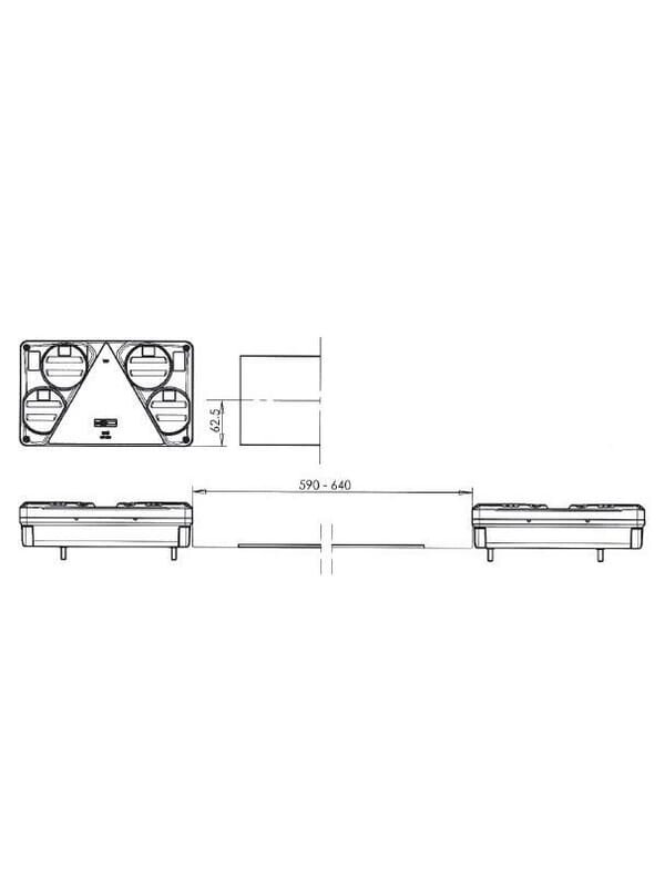 Daugiafunkcinis galinis LH šviesos diodas, stačiakampis, 12-24 V, 232x142x59 mm, 5 kontaktų, Kramp 10