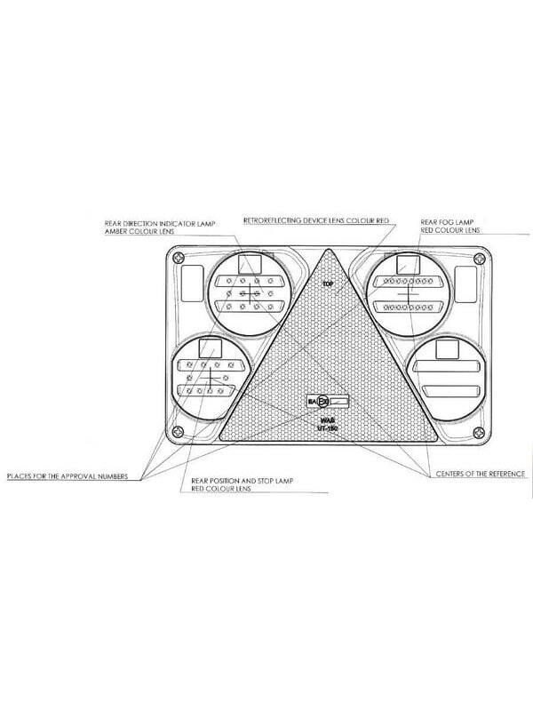 Daugiafunkcinis galinis LH šviesos diodas, stačiakampis, 12-24 V, 232x142x59 mm, 5 kontaktų, Kramp 11