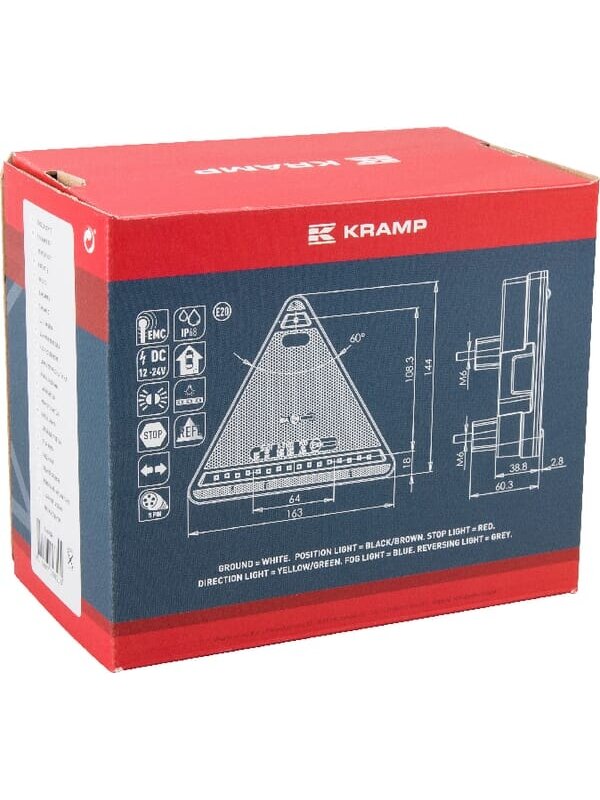 Daugiafunkcinis galinis LH šviesos diodas, trikampis, 12-24 V, 163x144x38,8 mm, 5 kontaktų, Kramp 4 Daugiafunkcinis galinis LH šviesos diodas, trikampis, 12-24 V, 163x144x38,8 mm, 5 kontaktų, Kramp 4