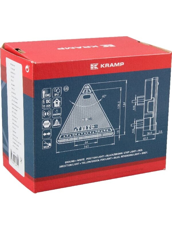 Daugiafunkcinis galinis LH žibintas LED, trikampis, 12-24 V, 163x144x38,8 mm, Kramp 1 Daugiafunkcinis galinis LH žibintas LED, trikampis, 12-24 V, 163x144x38,8 mm, Kramp 1