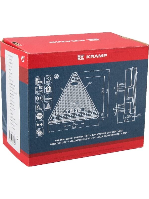 Daugiafunkcinis galinis RH žibintas LED, trikampis, 12-24 V, 163x144x38,8 mm, 5 kontaktų, Kramp 4