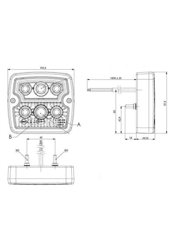 Daugiafunkcinis priekinis LED žibintas, kvadratinis, 12/24 V, baltas, 105,4x29,5x97,4 mm, 6 šviesos diodai, "Kramp 1