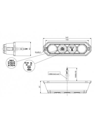 Galinis LED žibintas, stačiakampis, 12/24V, raudonas/oranžinis, 147x37x42mm, 4 LED, Kramp 3