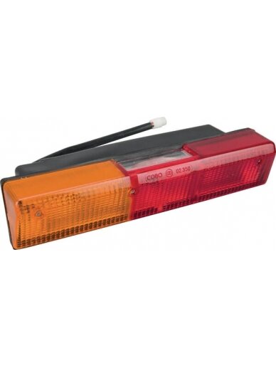 Galinis žibintas LH stačiakampio formos, raudonos/gintarinės spalvos, tvirtinamas varžtais, 305x62 mm AMP kištukas, Cobo Galinis žibintas LH stačiakampio formos, raudonos/gintarinės spalvos, tvirtinamas varžtais, 305x62 mm AMP kištukas, Cobo