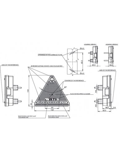 Galinis žibintas RH LED, trikampio formos, 12/24V, gintarinis/raudonas, tvirtinamas varžtais, 163x60.3x144mm, Waś 5