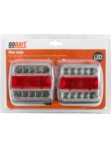 Galinių žibintų komplektas LED, kvadratinis, 12 V, 100x100x40 mm, 5 kontaktų bajonetas, gopart