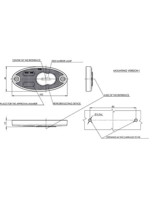 Gabaritinė lemputė LED, ovali, 12/24V, oranžinė, tvirtinama varžtais, 102x46mm, 3