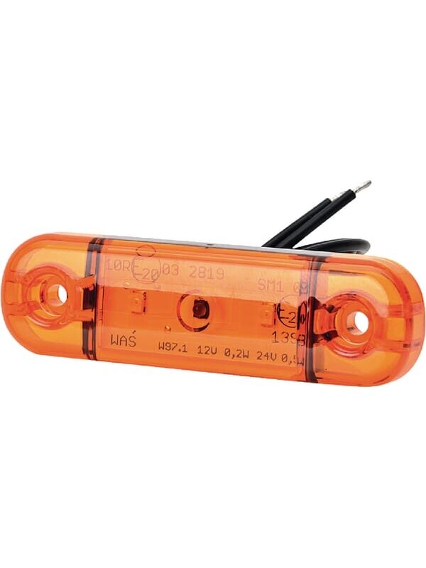 Gabaritinė lemputė LED, stačiakampė, 12/24V, oranžinė, tvirtinama varžtais, 84x24mm, 3 LED's, 1 Gabaritinė lemputė LED, stačiakampė, 12/24V, oranžinė, tvirtinama varžtais, 84x24mm, 3 LED's, 1