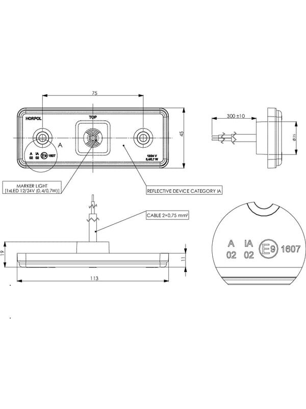 Gabaritinis žibintas LED, 0,4/0,7 W, stačiakampė, 12/24 V, balta, 112x45x11 mm, 1 LED, gopart 2