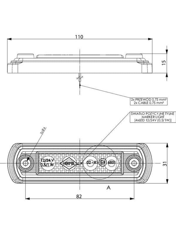 Gabaritinis žibintas LED, 0,5/1W, stačiakampė, 12/24V, raudona, 82x31x15mm, 4 LED, gopart 3