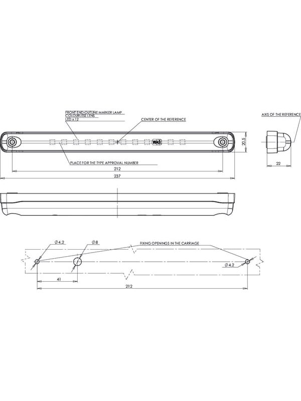 Gabaritinis žibintas LED, stačiakampė, 12/24 V, skaidri, tvirtinama varžtais, 237x20x22 mm, Waś 1 Gabaritinis žibintas LED, stačiakampė, 12/24 V, skaidri, tvirtinama varžtais, 237x20x22 mm, Waś 1