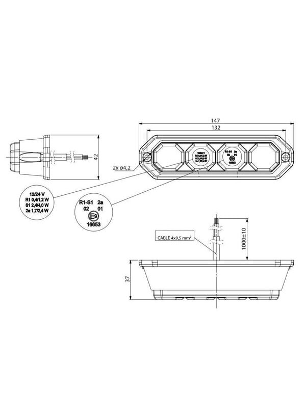 Galinis LED žibintas, stačiakampis, 12/24V, raudonas/oranžinis, 147x37x42mm, 4 LED, Kramp 3 Galinis LED žibintas, stačiakampis, 12/24V, raudonas/oranžinis, 147x37x42mm, 4 LED, Kramp 3