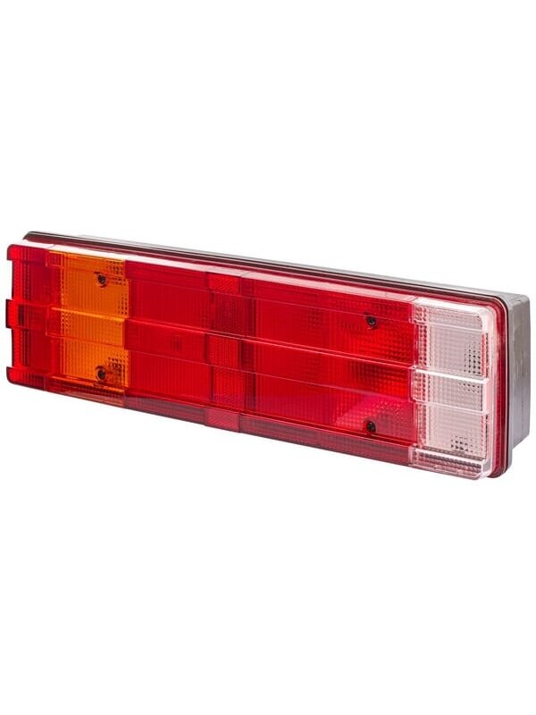 Galinis žibintas LH stačiakampio formos, 12/24V, gintarinis / permatomas / raudonas, tvirtinamas varžtais, 465x54x134 mm, Hella