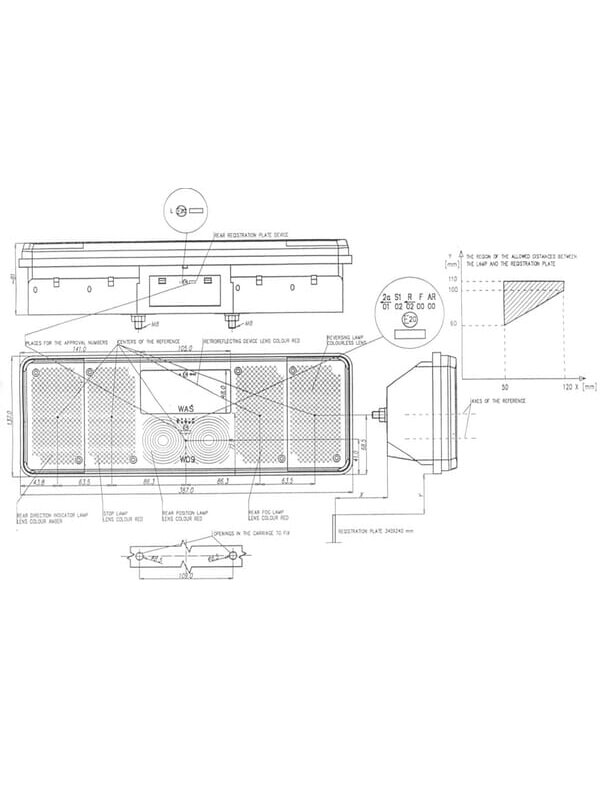Galinis žibintas LH stačiakampio formos, 12/24V, gintarinis/baltas/raudonas, tvirtinamas varžtais, 387x137mm, Waś 2 Galinis žibintas LH stačiakampio formos, 12/24V, gintarinis/baltas/raudonas, tvirtinamas varžtais, 387x137mm, Waś 2