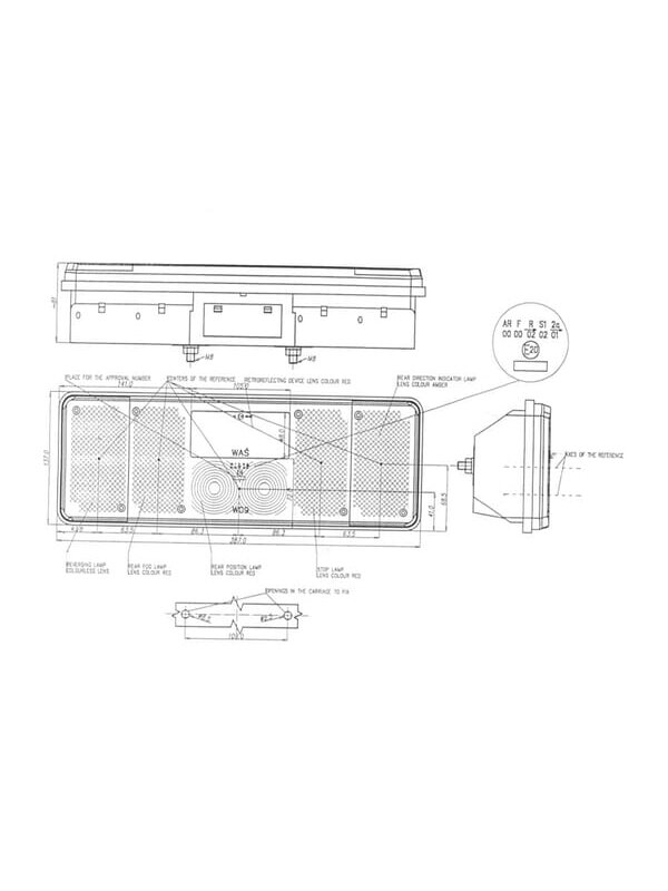 Galinis žibintas RH stačiakampio formos, 12/24V, gintarinis/baltas/raudonas, tvirtinamas varžtais, 387x81x137mm, Waś 2