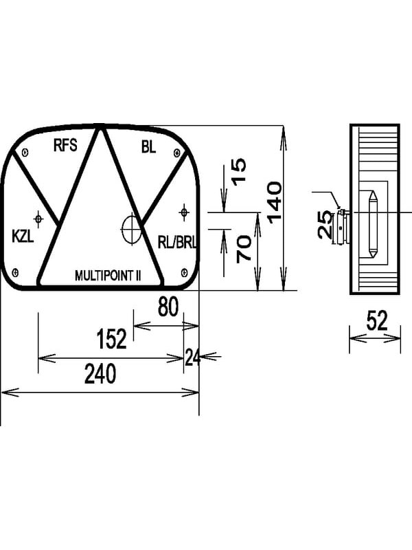 Galinis žibintas RH stačiakampio formos, 12V, raudonas/permatomas, prisukamas varžtais, 240x52mm, bajonetinis 5 kontaktų, Multipoint II pagal Aspöck 1