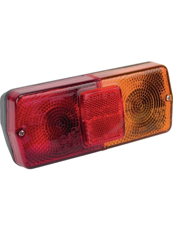 Galinis žibintas stačiakampio formos, 12V, raudonos/gintarinės spalvos, tvirtinamas varžtais, 184x76mm AMP kištukas, Cobo