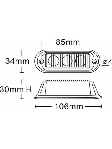 Įspėjamasis LED žibintas, 6W, 12-24V, gintarinis, tvirtinamas varžtais, 106x34x30mm, 3 LED, Kramp 5 Įspėjamasis LED žibintas, 6W, 12-24V, gintarinis, tvirtinamas varžtais, 106x34x30mm, 3 LED, Kramp 5