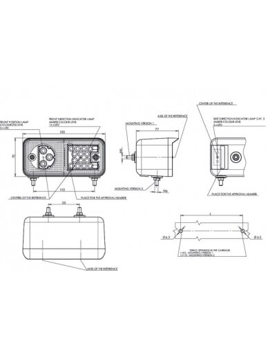 Krypties ir padėties žibintas RH LED, priekinis, stačiakampis, 12/24 V, skaidrus/gintarinis, tvirtinamas varžtais, 150x77x70,3 mm, Waś 4