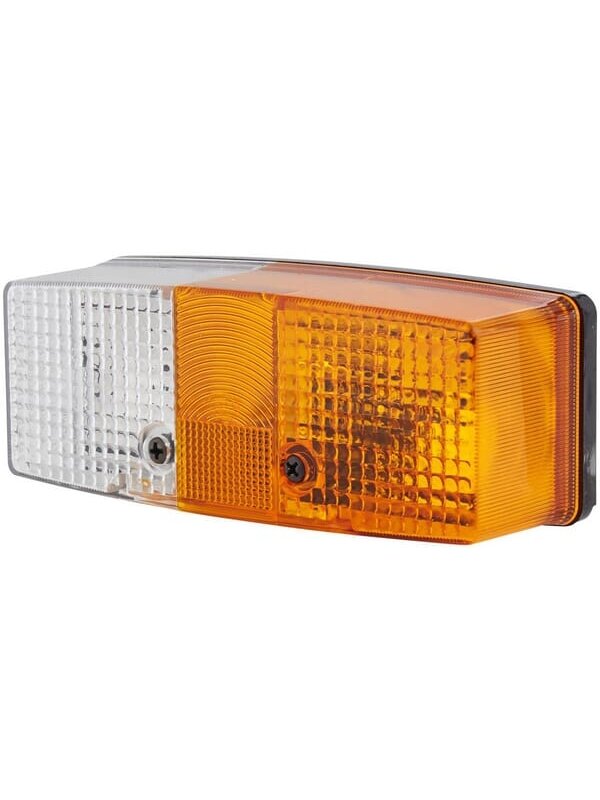 Krypties ir padėties žibintas LH 21/5W, stačiakampis, 12/24V, gintarinis / permatomas, tvirtinamas varžtais, 158x51x64mm, Hella