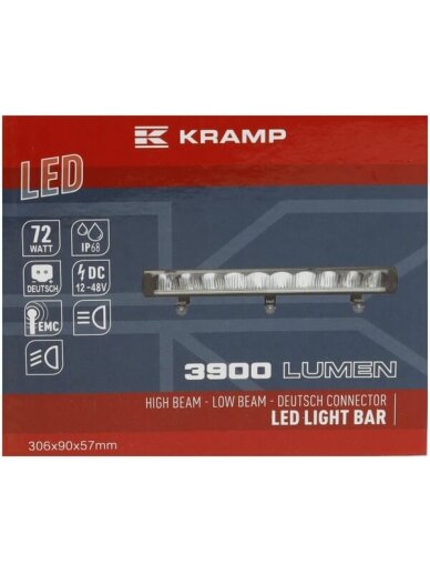 LED bar žibintas, 72W, 3900lm, stačiakampė, 12/48V, balta, 306x90x57mm, Deutsch 3-pin, Dienos šviesos / tolimosios šviesos, Kramp 6 LED bar žibintas, 72W, 3900lm, stačiakampė, 12/48V, balta, 306x90x57mm, Deutsch 3-pin, Dienos šviesos / tolimosios šviesos, Kramp 6