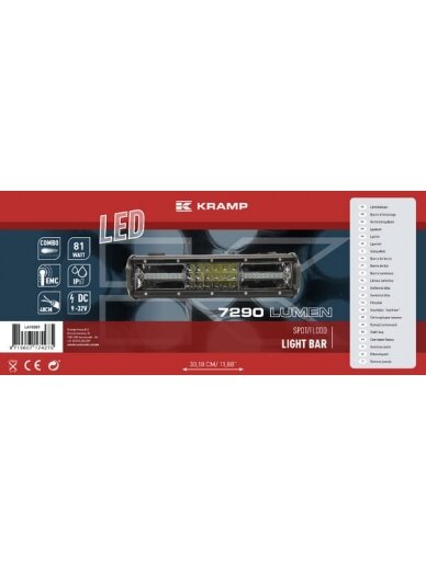 LED bar žibintas, 81W, 7290lm, stačiakampė, 12/24V, balta, 301.8x89mm, Kabelis, Kombinuota, 54 LED, Kramp 1 LED bar žibintas, 81W, 7290lm, stačiakampė, 12/24V, balta, 301.8x89mm, Kabelis, Kombinuota, 54 LED, Kramp 1