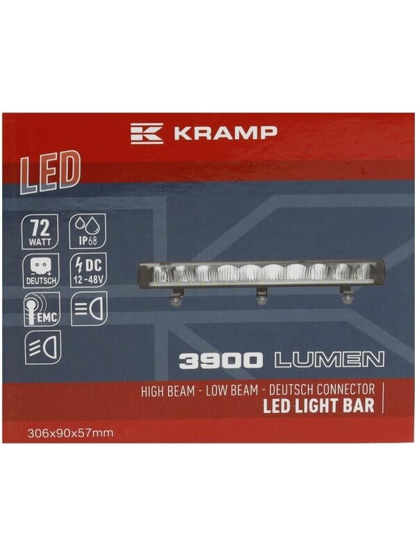LED bar žibintas, 72W, 3900lm, stačiakampė, 12/48V, balta, 306x90x57mm, Deutsch 3-pin, Dienos šviesos / tolimosios šviesos, Kramp 6 LED bar žibintas, 72W, 3900lm, stačiakampė, 12/48V, balta, 306x90x57mm, Deutsch 3-pin, Dienos šviesos / tolimosios šviesos, Kramp 6