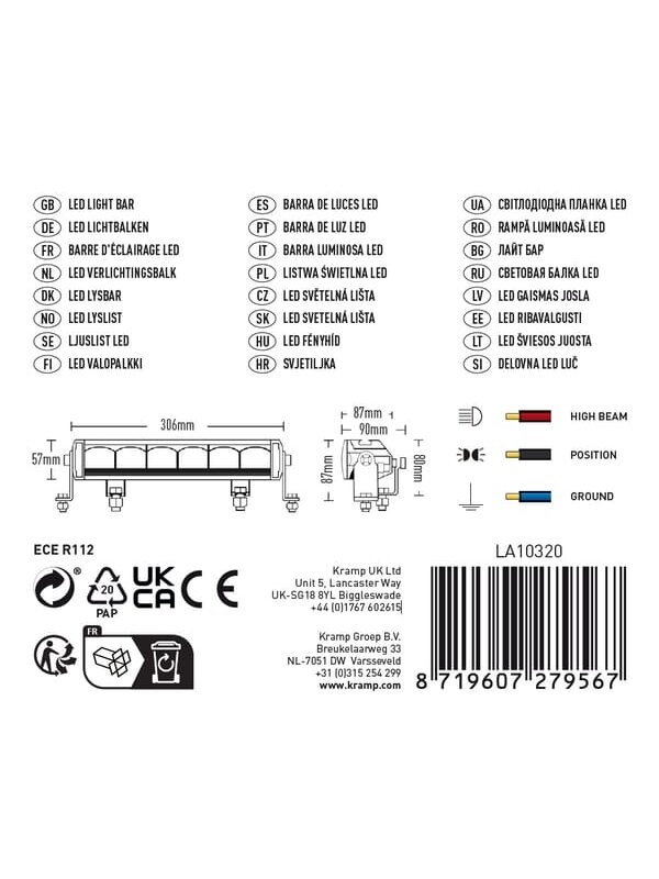LED bar žibintas, 72W, 3900lm, stačiakampė, 12/48V, balta, 306x90x57mm, Deutsch 3-pin, Dienos šviesos / tolimosios šviesos, Kramp 7 LED bar žibintas, 72W, 3900lm, stačiakampė, 12/48V, balta, 306x90x57mm, Deutsch 3-pin, Dienos šviesos / tolimosios šviesos, Kramp 7