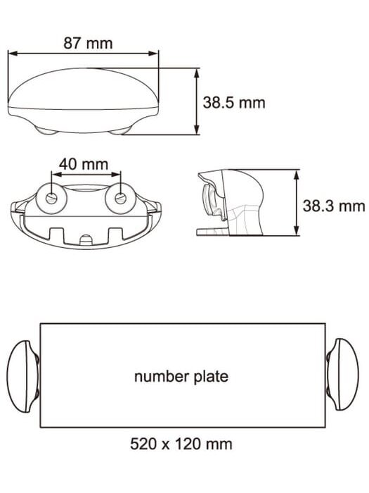 Numerio ženklo lemputė LED, ovali, 12/24V, skaidri, tvirtinama varžtais, 87x38x39mm 1 Numerio ženklo lemputė LED, ovali, 12/24V, skaidri, tvirtinama varžtais, 87x38x39mm 1