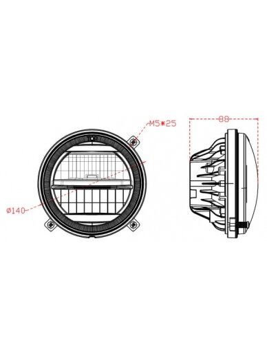 Priekiniai žibintai LED, 22/21W, apvalūs, 9-36V, Ø140mm, tolimosios/trumposios šviesos, H4 jungtis, pora, Kramp 14