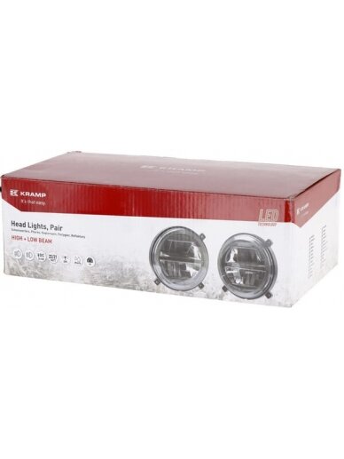 Priekiniai žibintai LED, 22/21W, apvalūs, 9-36V, Ø140mm, tolimosios/trumposios šviesos, H4 jungtis, pora, Kramp 4 Priekiniai žibintai LED, 22/21W, apvalūs, 9-36V, Ø140mm, tolimosios/trumposios šviesos, H4 jungtis, pora, Kramp 4