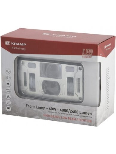 Priekinis LED žibintas, 40/22W, stačiakampis, 10-30V, 185x102x82, tolimosios/mažosios šviesos, gabaritinės šviesos, H4 jungtis, Kramp 2
