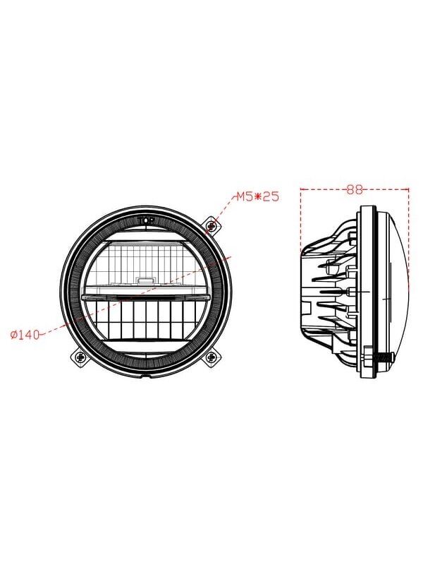 Priekiniai žibintai LED, 22/21W, apvalūs, 9-36V, Ø140mm, tolimosios/trumposios šviesos, H4 jungtis, pora, Kramp 14