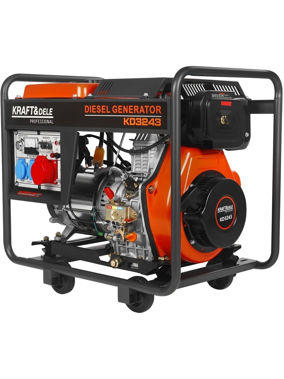 Tai Kraft&Dele KD3243 dyzelinis elektros generatorius, deklaruojamas kaip 7 kW, 230/400 V. Tai Kraft&Dele KD3243 dyzelinis elektros generatorius, deklaruojamas kaip 7 kW, 230/400 V.