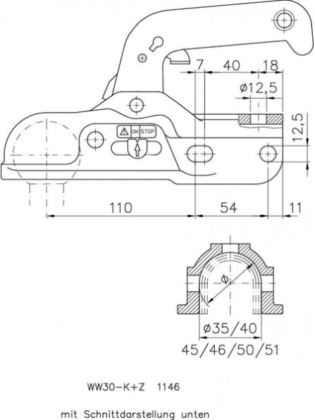 Vilkimo rutulio sukabinimo įtaisas 3000 kg Ø 35-51 mm 3