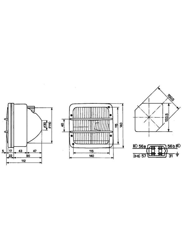 Žibintas halogeninis, kvadratinis, 12/24V, skaidrus, tvirtinamas varžtais, 140x112x112mm, Cobo 1